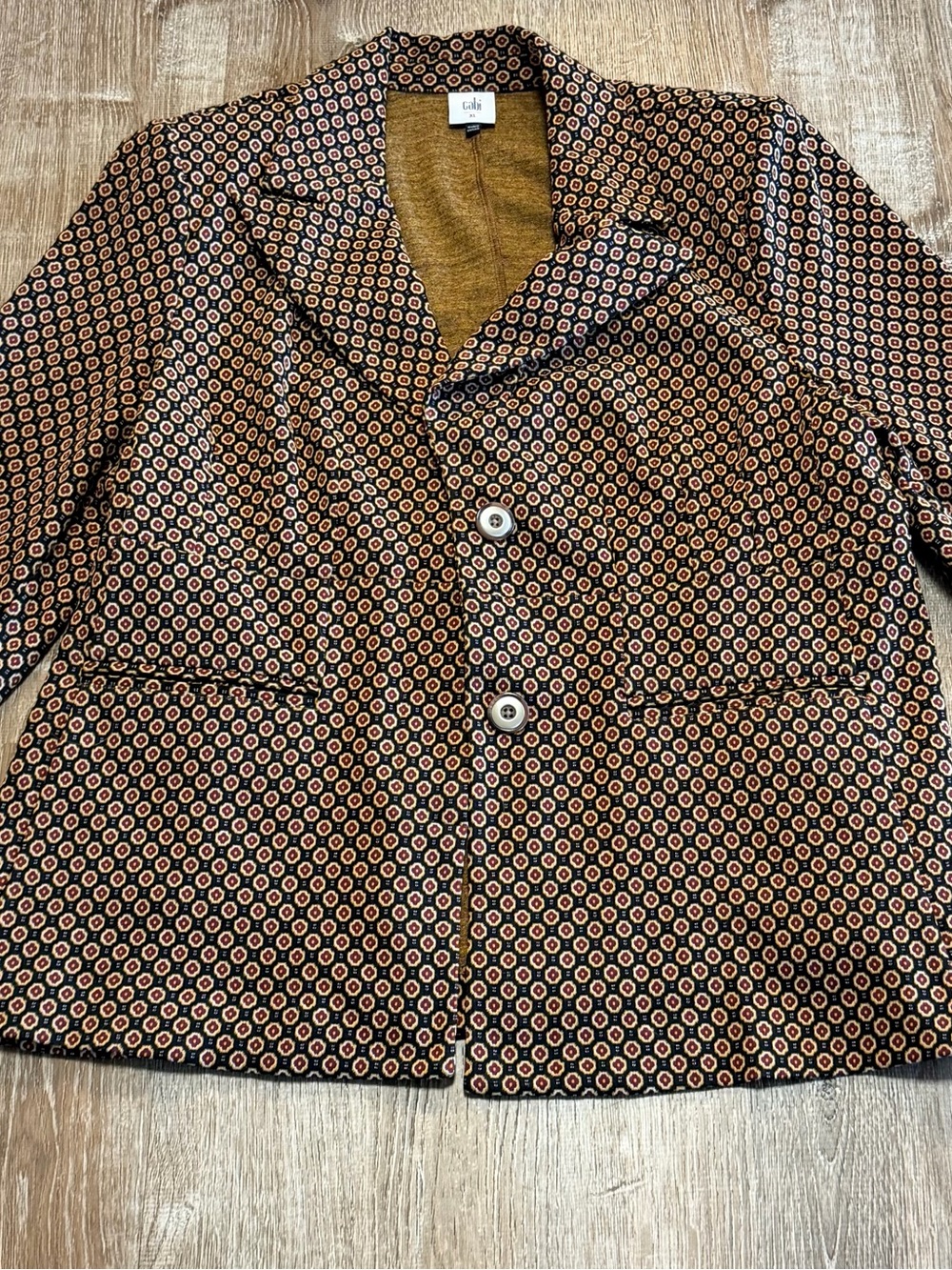 CAbi XL Geometric Print Button Front Statement Jacket Blazer Black Gold Burgundy